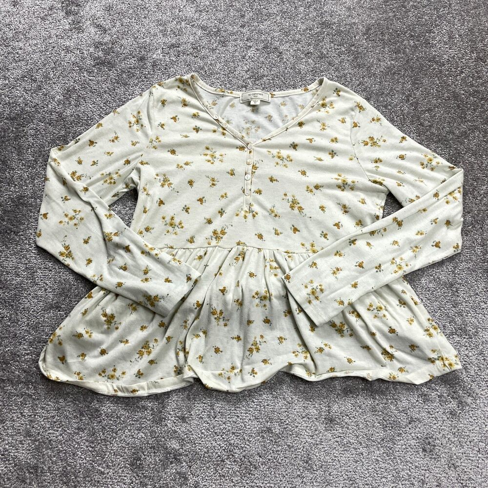 No Comment Blouse Shirt Girls XL White Floral Long Sleeve Hennley Skirt Hem Soft